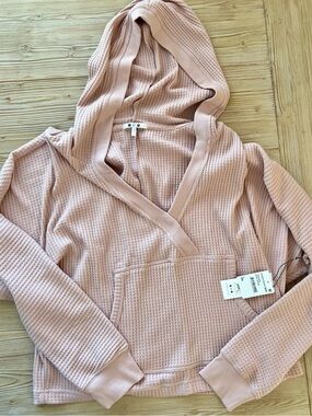Three Dots Rose Smoke Waffle Knit Hooded Pullover NWT Size Large